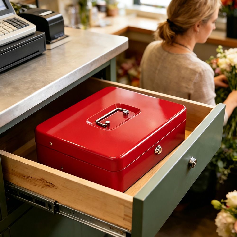 Lockable Metal Cash Box with 2 Keys, 4 Bill & 5 Coin Tray, Security Money Box with Anti-Loss Rope