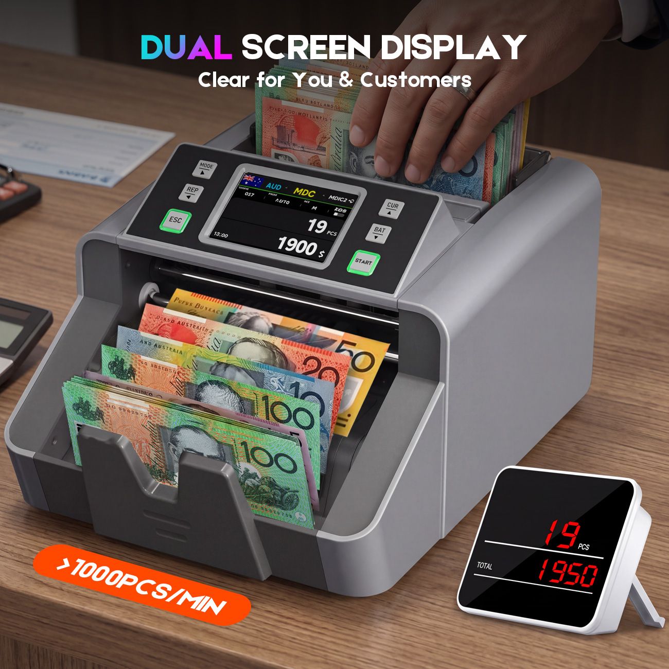 Mixed Denomination Money Counter with Counterfeit Detection, Touch Screen, and CIS/UV/MG/IR/MT, USD, AUD, EUR, CAD Cash Counter for Business, Merchant