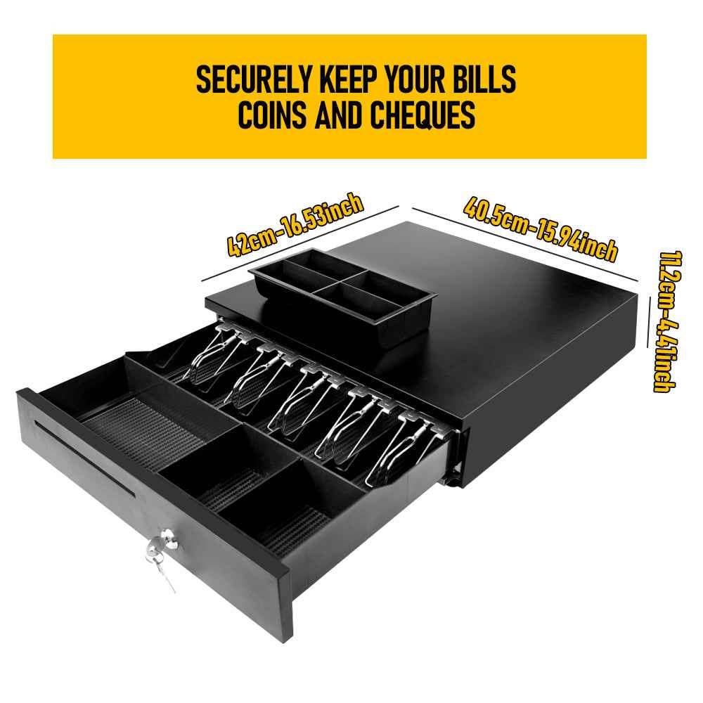 Heavy Duty Metal Cash Drawer, 5 Note&6 Coin Trays,Black(40.5x42x11.2cm)