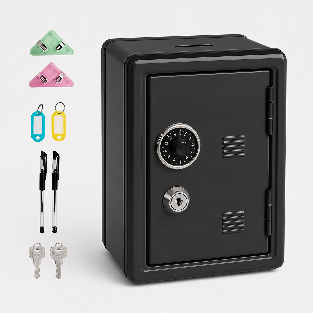 Lockable Metal Money Box, Cash & Coin Storage Box with Key Lock, Compact Piggy Bank for For Kids & Adults, Office & Small Valuables-Black