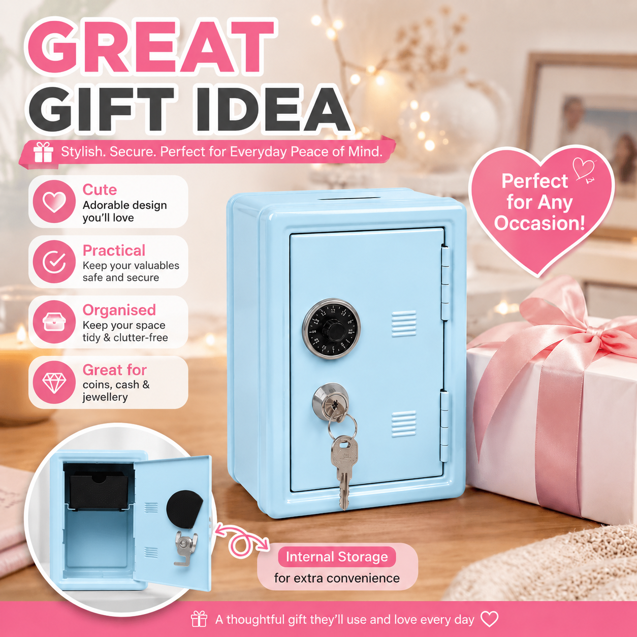 Lockable Metal Money Box, Cash & Coin Storage Box with Key Lock, Compact Piggy Bank for For Kids & Adults, Office & Small Valuables-Light Blue