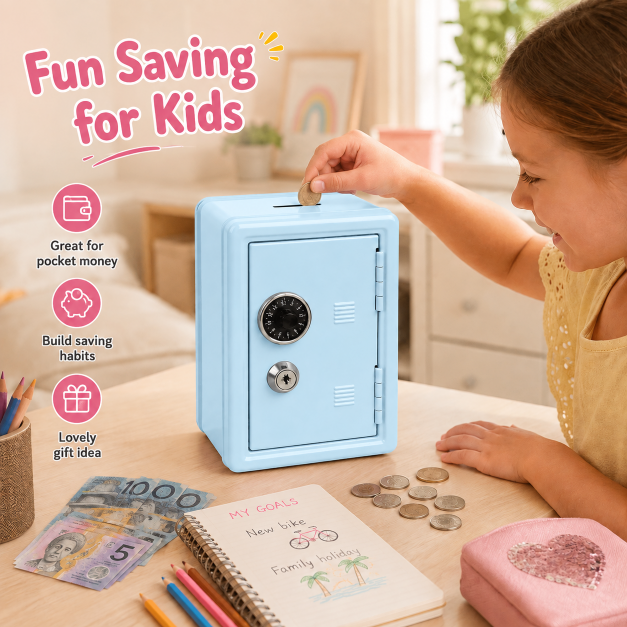 Lockable Metal Money Box, Cash & Coin Storage Box with Key Lock, Compact Piggy Bank for For Kids & Adults, Office & Small Valuables-Light Blue