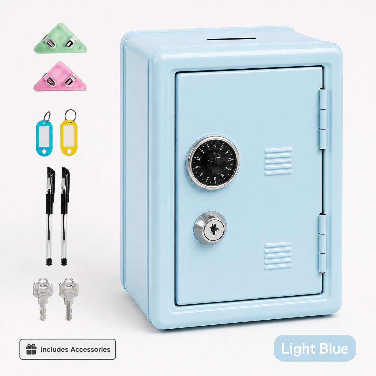Lockable Metal Money Box, Cash & Coin Storage Box with Key Lock, Compact Piggy Bank for For Kids & Adults, Office & Small Valuables-Light Blue