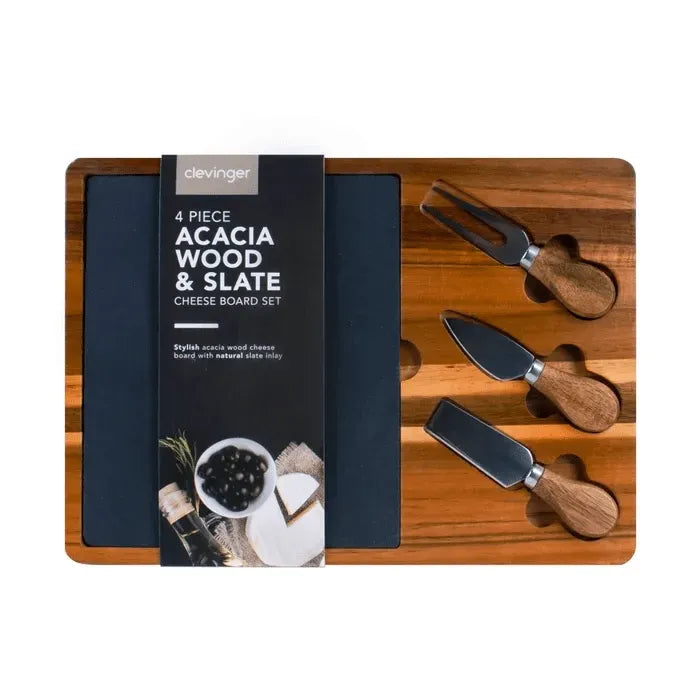 4 Pcs Clevinger Acacia Wood & Slate Cheese Board With Knife Set