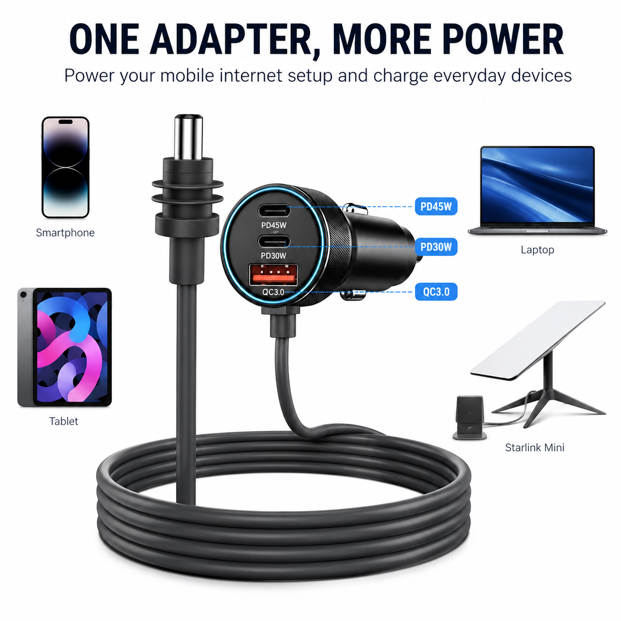 Aumerage Car Charger for Starlink Mini, DC Cable & Cigarette Adapter 3M | 3-in-1 12V-24V USB-C USB QC 3.0 + 45W/30W PD, 16AWG Waterproof for Camping, RV & Off-Grid