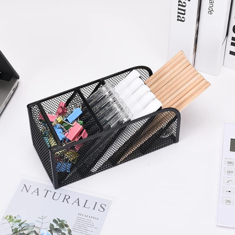 Modern Metal Mesh Pencil Holder, 5-Compartment Desk Organiser, Black Angled Pen Holder