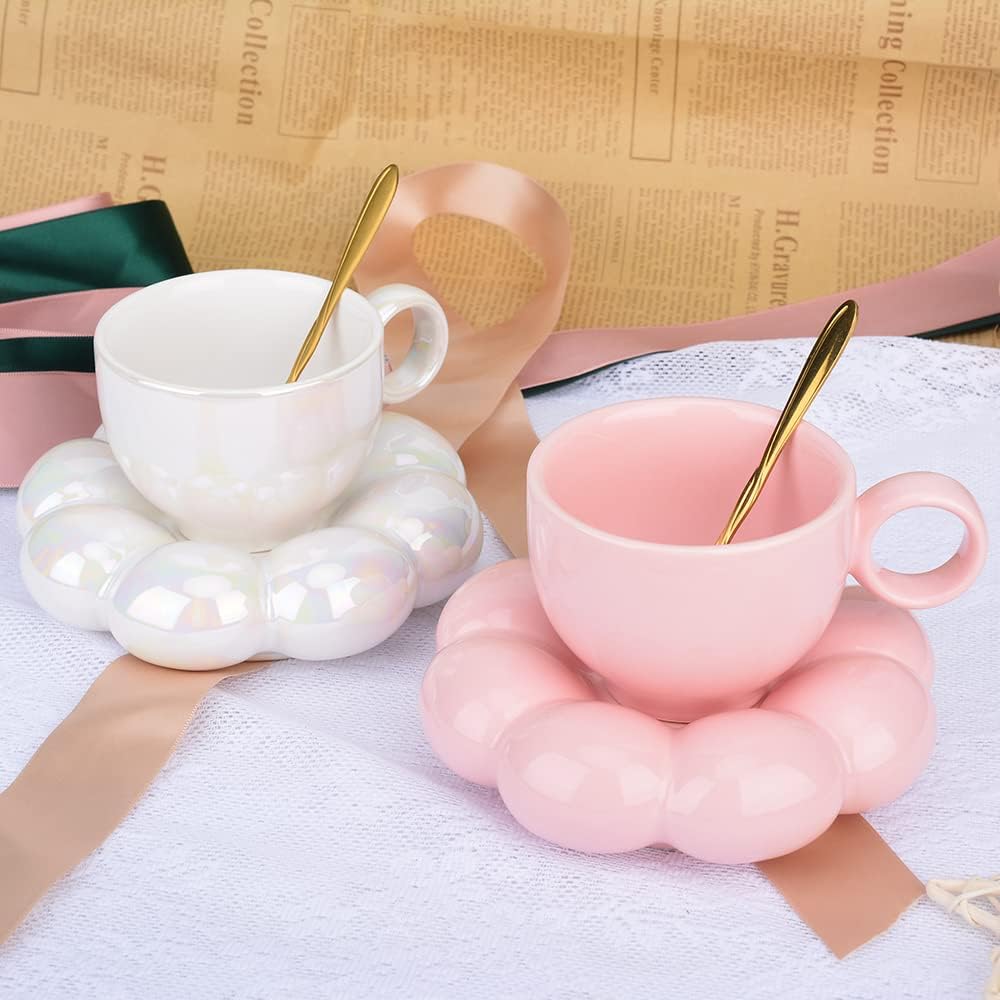 Cute Pink Ceramic Coffee Cup with Saucer Flower Spoon and Sunflower Coaster