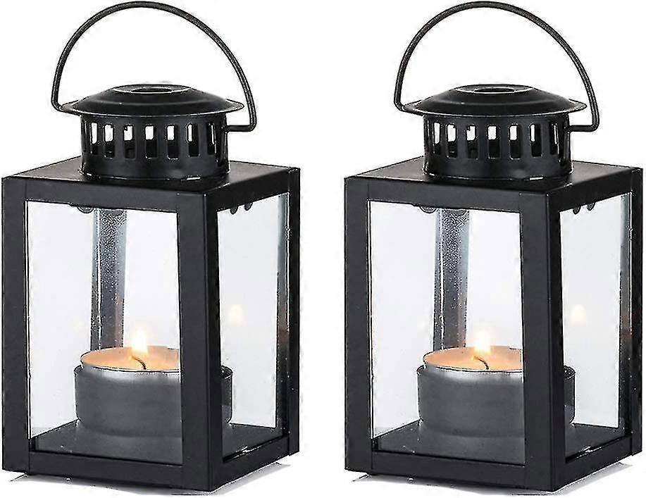 Tea Light Lanterns 2pcs Vintage Style Hanging Garden Lanterns Indoor Outdoor Black Compatible with Candles Blue Light Holder