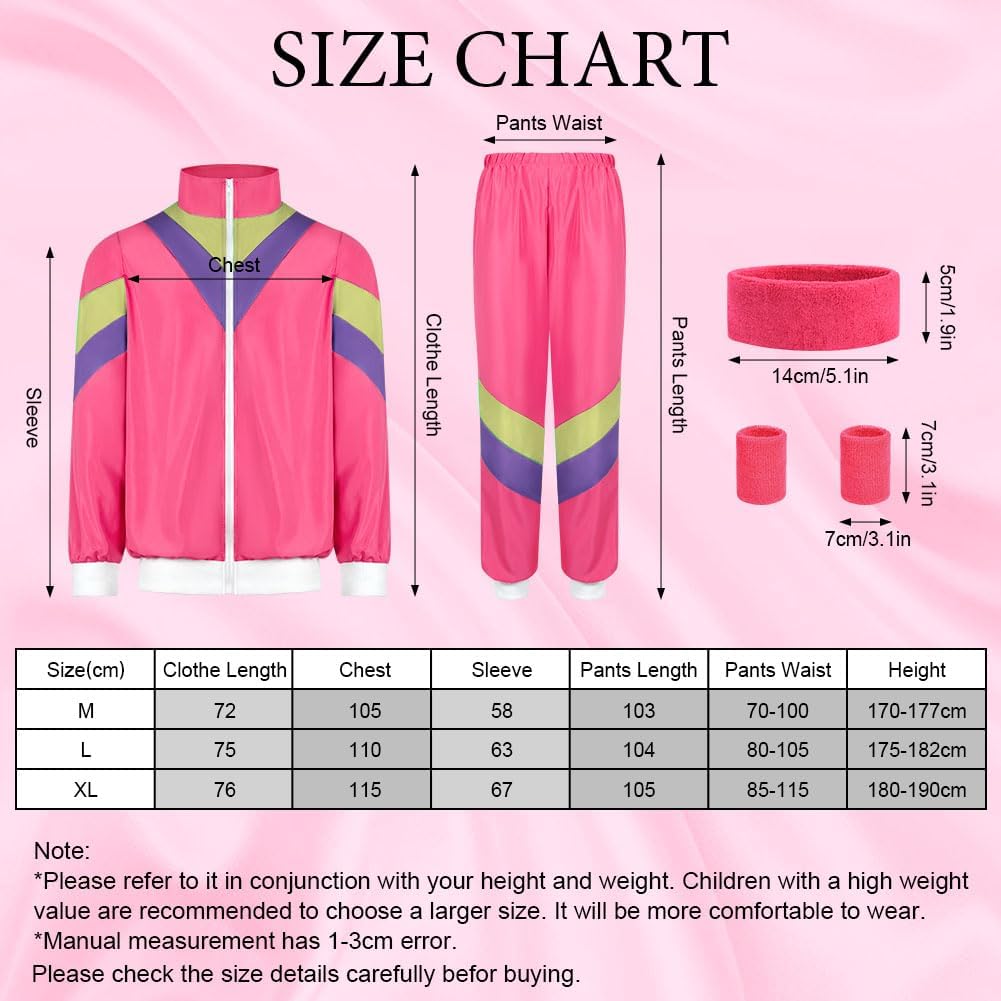 80s Fashion Height Shell Jacket Costume, 80s Fancy Dress Men Women with Headband Bracelet, 1980s Disco Fancy Dress red-XL