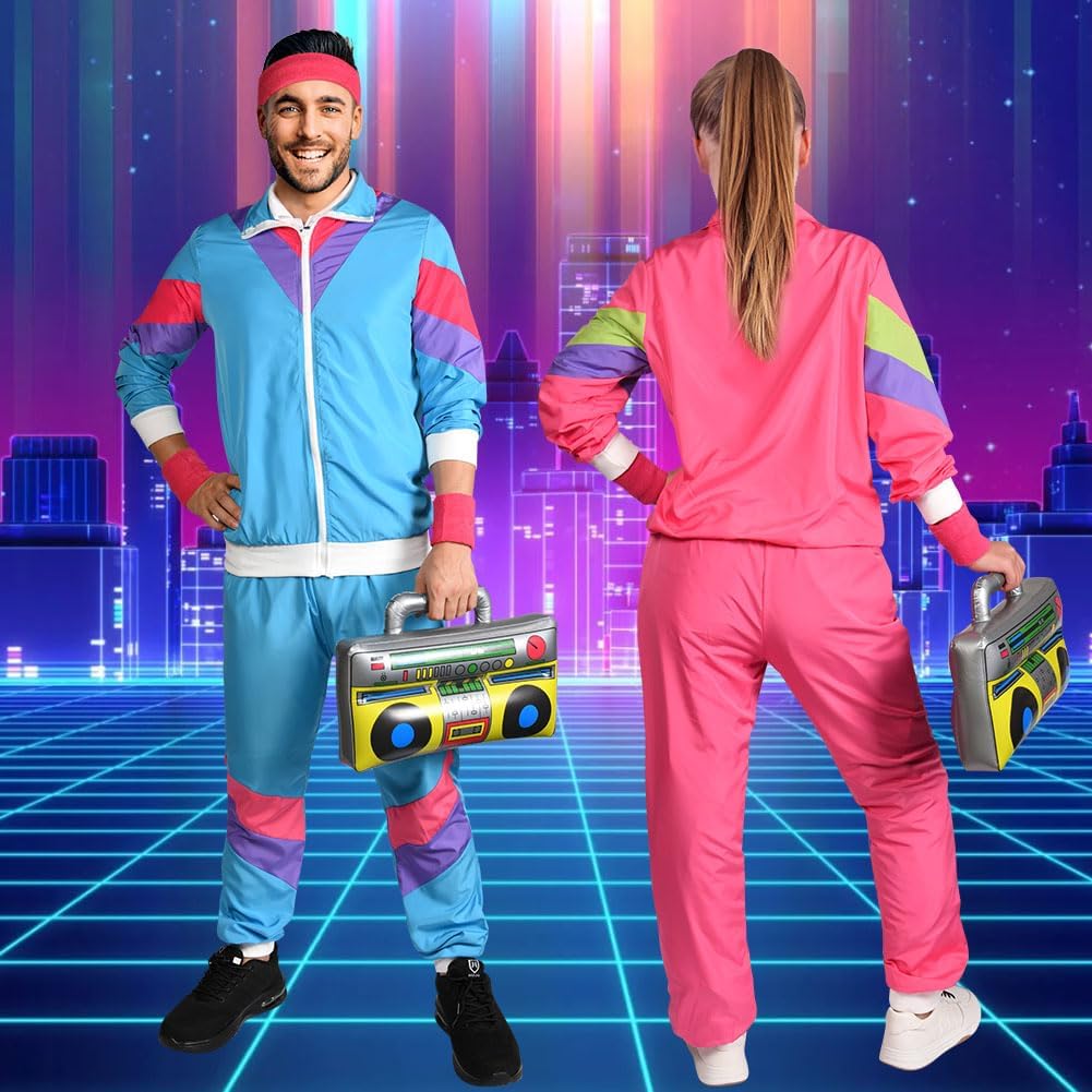 80s Fashion Height Shell Jacket Costume, 80s Fancy Dress Men Women with Headband Bracelet, 1980s Disco Fancy Dress red-XL