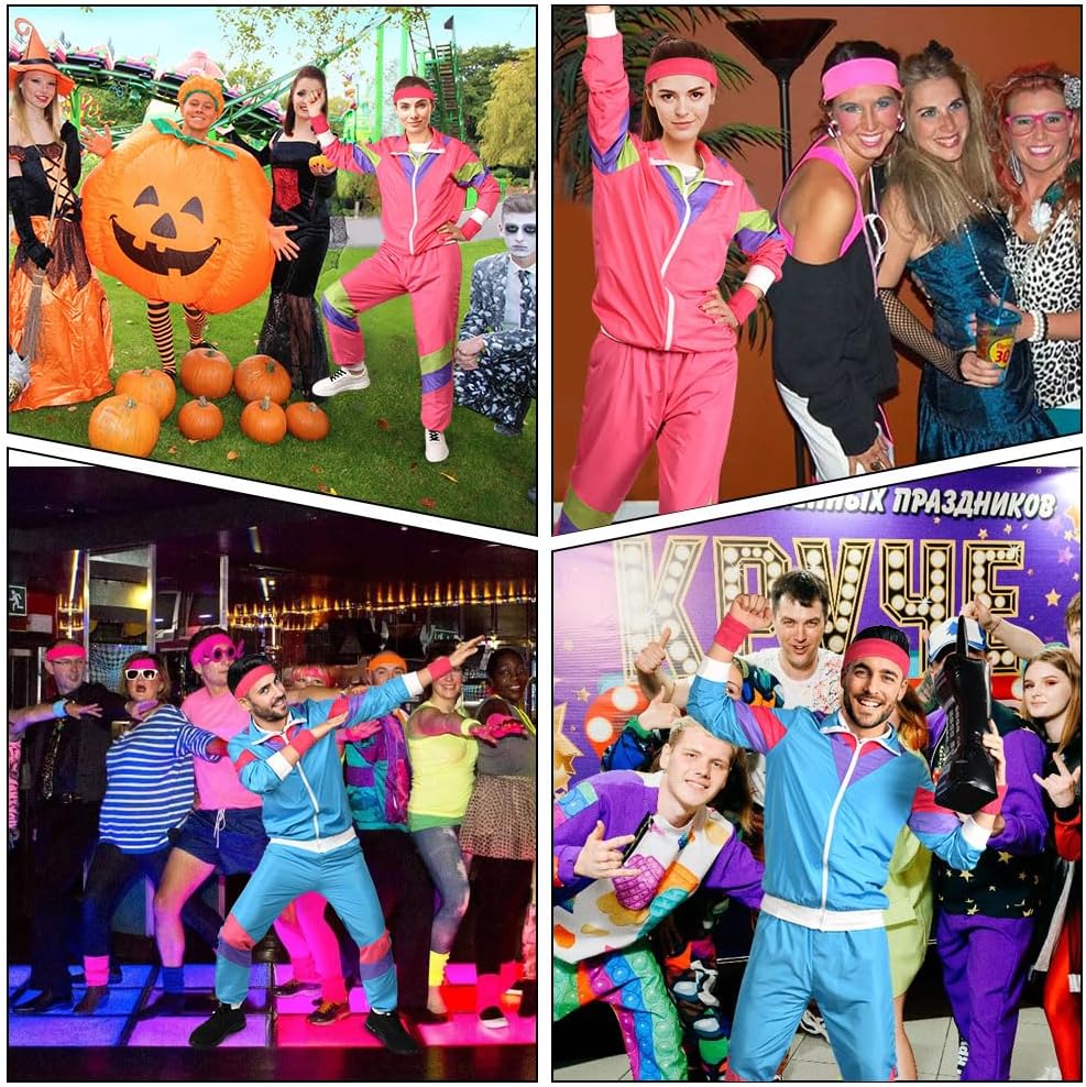 80s Fashion Height Shell Jacket Costume, 80s Fancy Dress Men Women with Headband Bracelet, 1980s Disco Fancy Dress red-XL