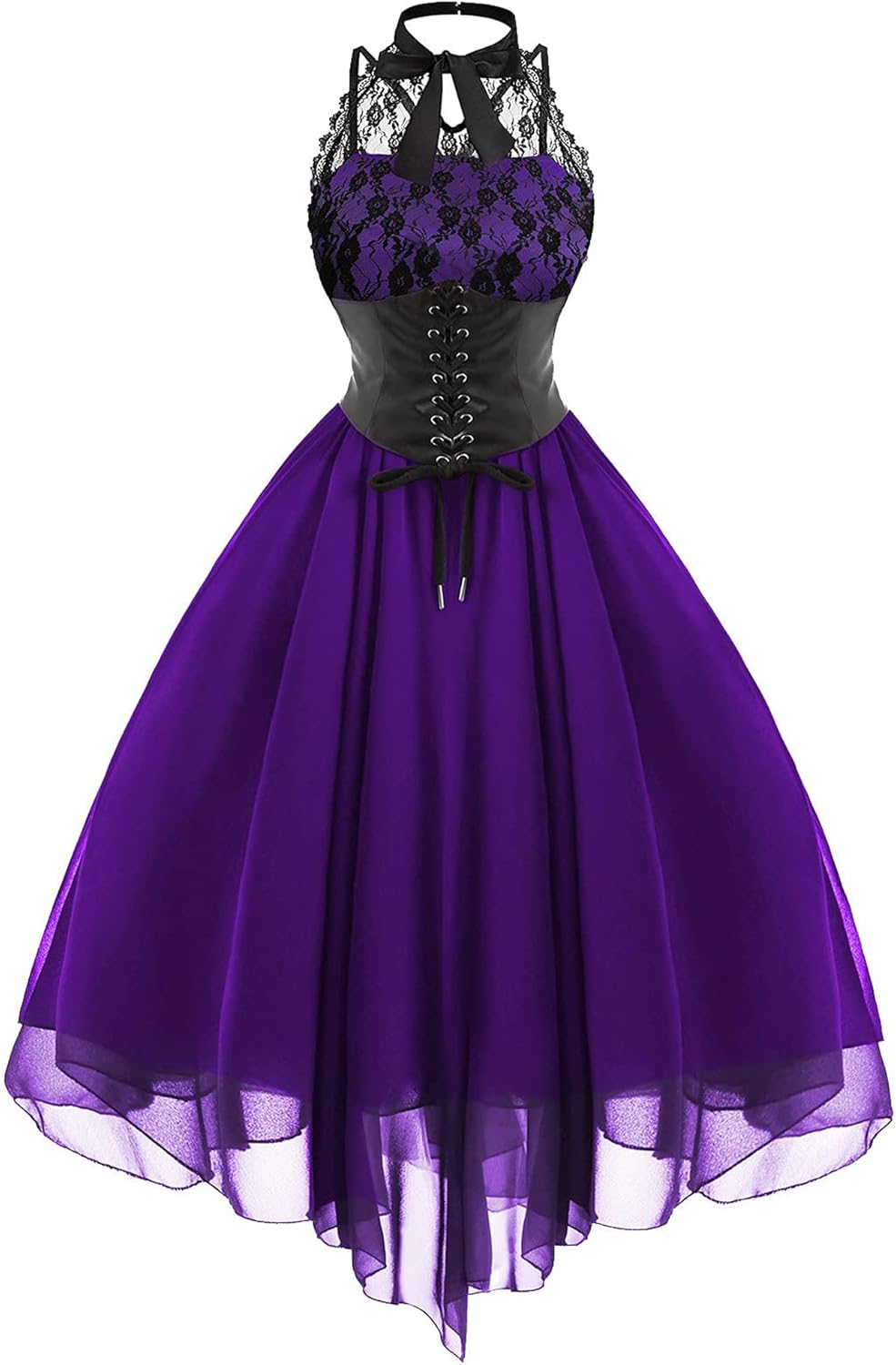 Sleeveless Gothic Lace Dress for Women 80s Party Dress Corset Halter Lace Swing Cocktail Purple XXL