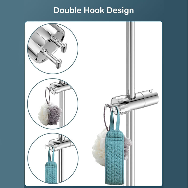 Chrome Wall Mounted Adjustable Shower Head Holder with 2 Hooks for 16-27mm Shower Rod