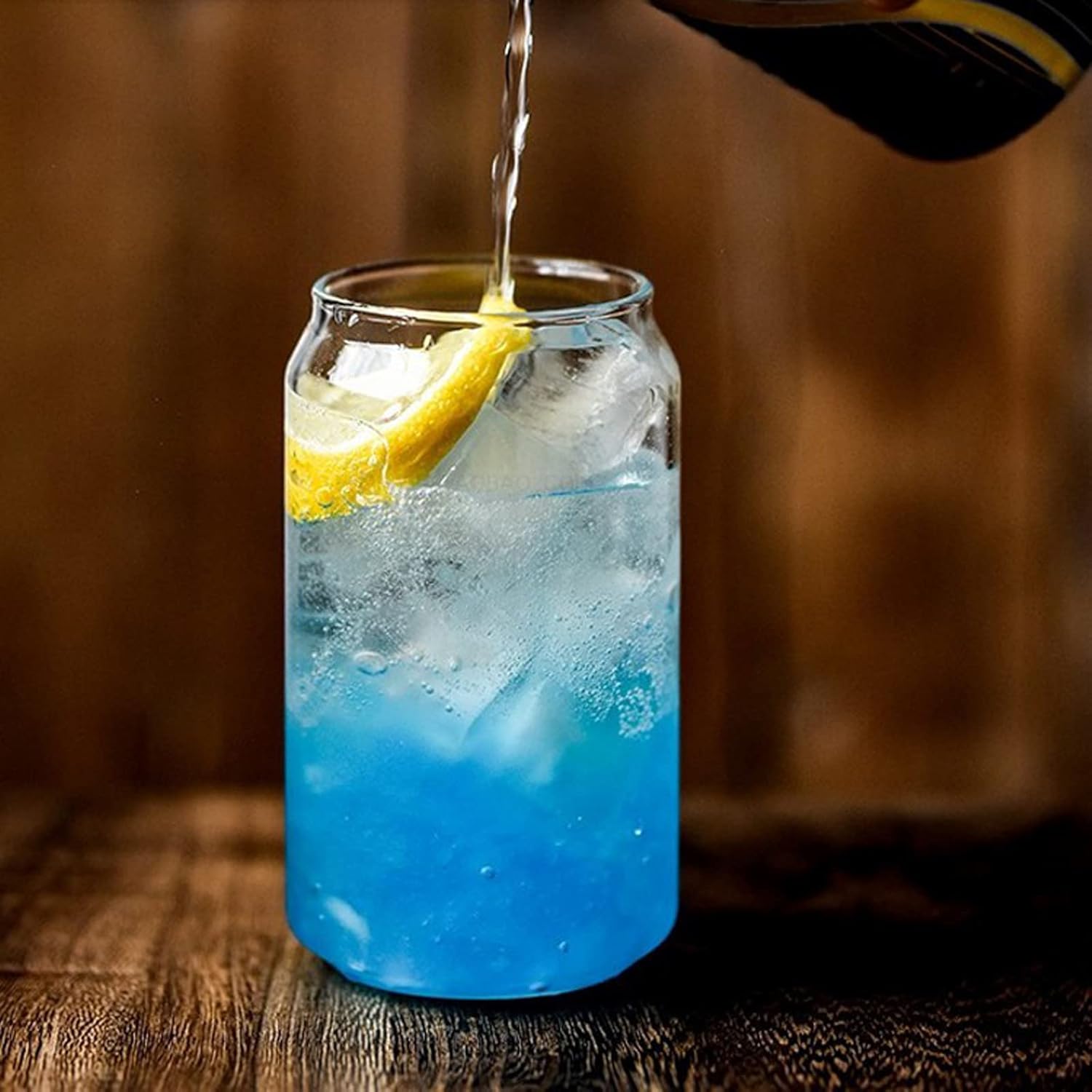 Beer Can Shaped Glass with Bamboo Lid and Straw 500ml 2 pcs for Coffee Milk Cocktail