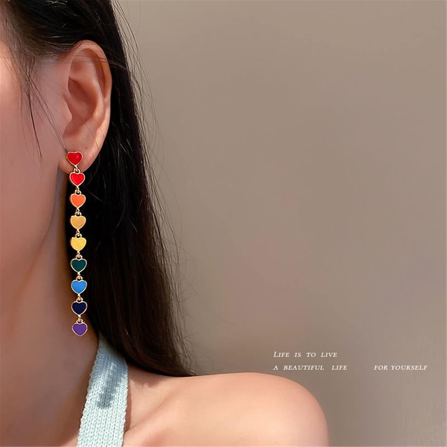 Heart Rainbow Chain Stud Earrings for Women Cool Weird Lightweight Resin Acrylic Personality Dangle Drop Earrings Jewelry