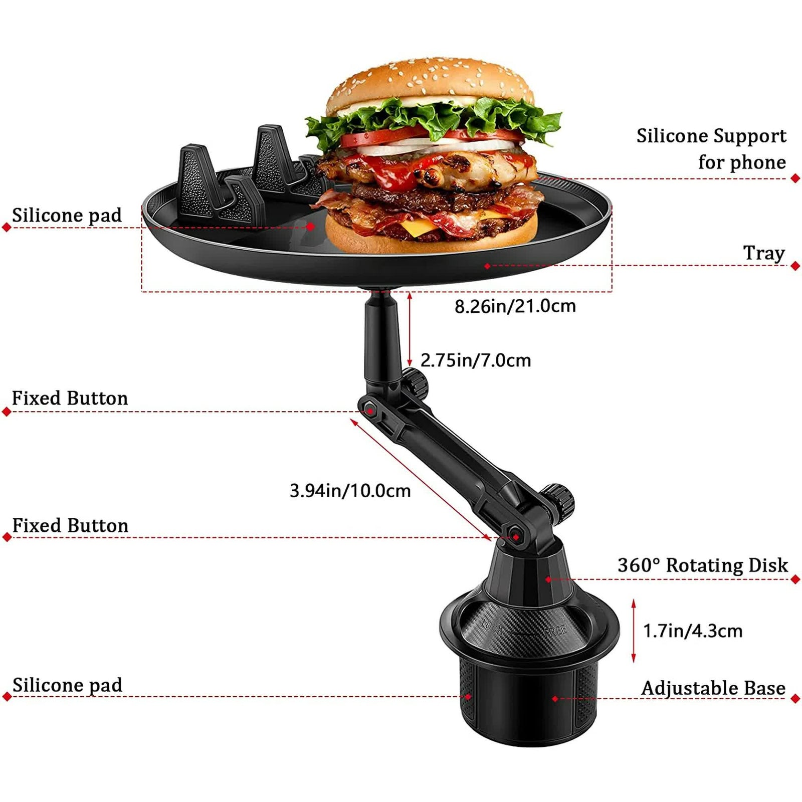 Car Cup Holder Tray for Adults Car Tray Table for Eating with Cell Phone Slot Lap for Universal Adjustable Cup Holder 360 Swivel Fits Vehicle, Boats, Golf Cart