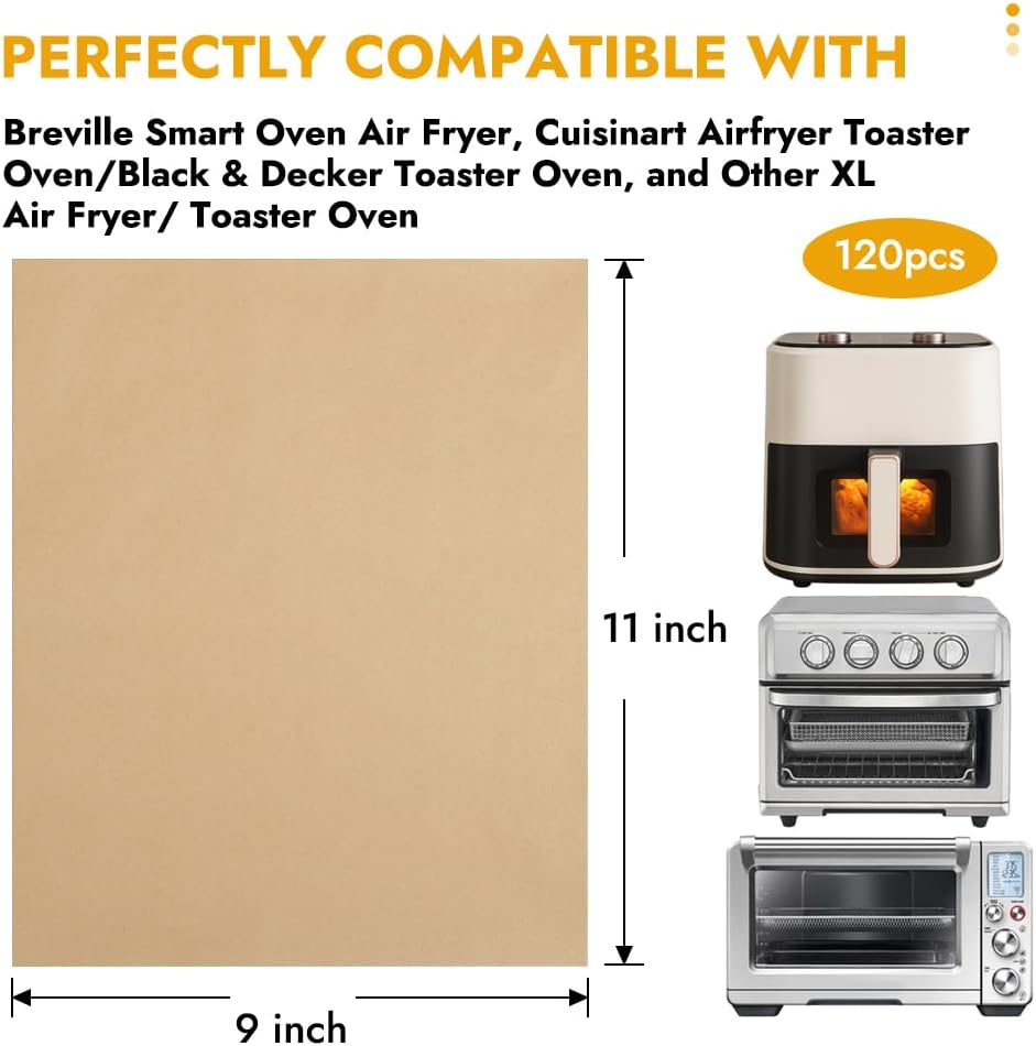 11 x 9in Air Fryer Parchment Paper Sheet Liners Compatible with Breville Smart Oven Airfryer/Cuisinart Air Fryer Toaster/Black&Decker Toaster Oven, Disposable Airfryer Paper Liners(120pcs)