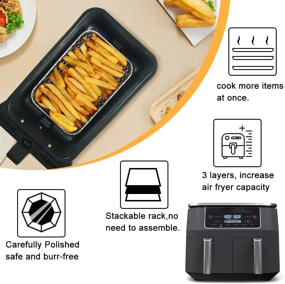 Air Fryer Rack for Ninja Dual Airfryer, 3pcs Stackable Stainless Steel Dehydrator Rack, Rectangle Double Air Fryer Accessories, Ninja Dual Airfryer Accessories