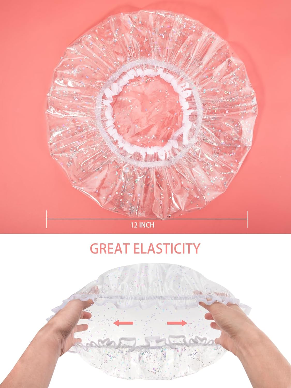 Luxury Shower Cap Reusable Waterproof for Women Sequin Lined Hair Cap for Shower Plastic Cap for Long Hair Large Double Layer Bath Cap Travel Essential & Cleaning Supplies