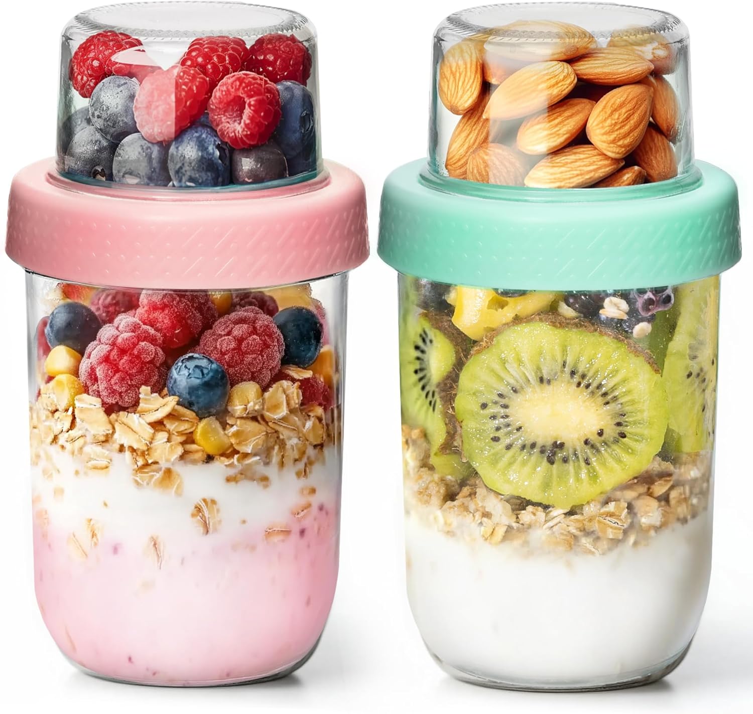 2-Pack 16 oz Overnight Oats Containers with Lids, Dual-Laryer Chia Pudding Jars with Dry and Wet Separation, Yogurt Parfait Cups for Oatmeal Cereal Nut Fruit, Meal Prep Glass Jars for Salad Green