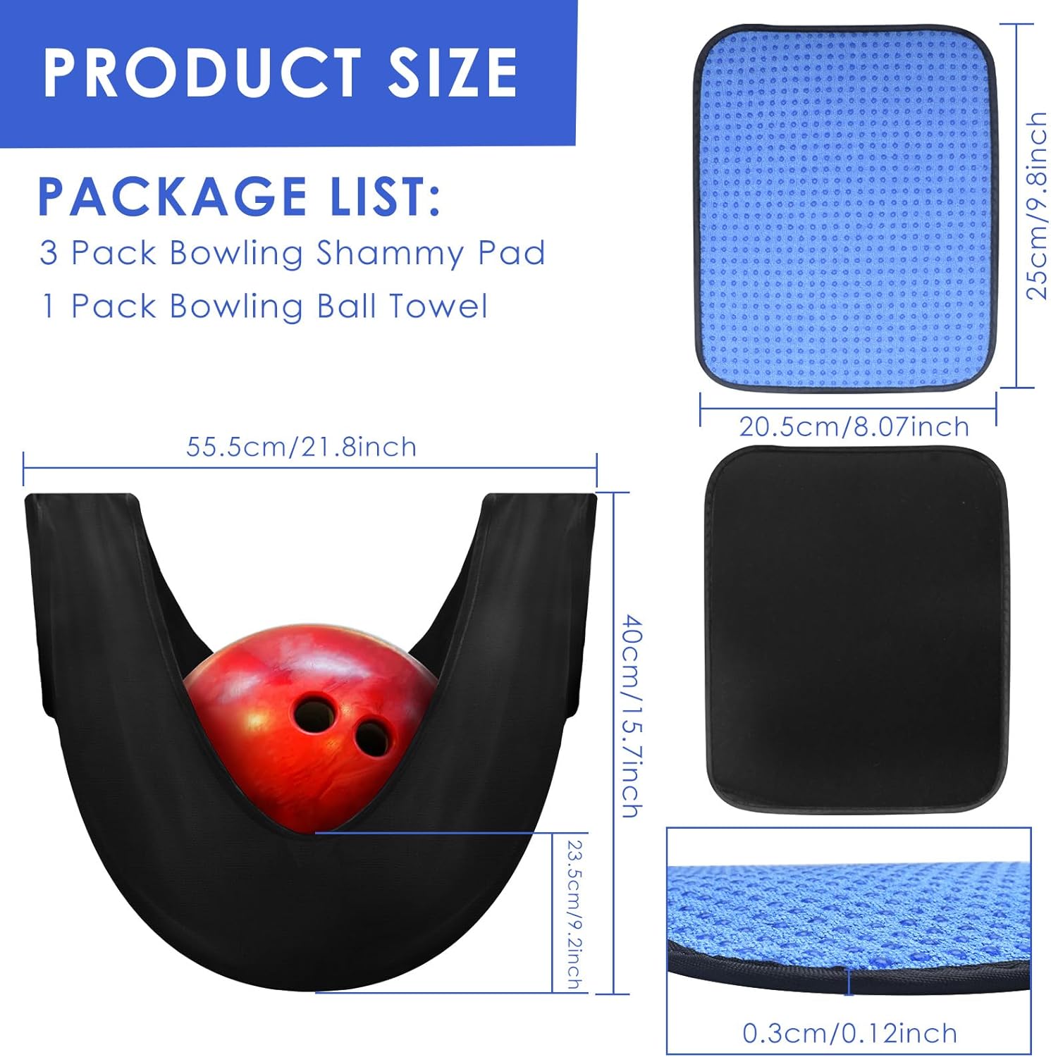 3 Pack 10"x 8" Bowling Shammy Pad with EZ Grip Dots, Bowling Ball Towel Microfiber Bowlings Seesaw Bag, Non-Slip Bow ling Polishers Bag Bow ling Cleaner Towel for Cleaning Dirt/Oil