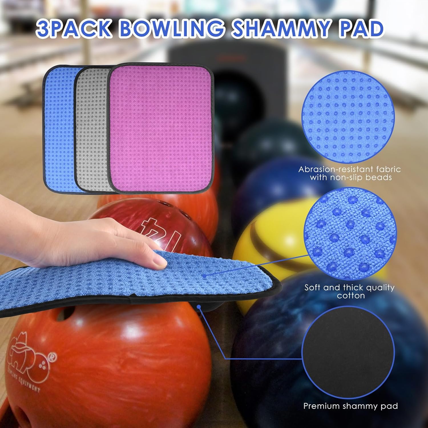 3 Pack 10"x 8" Bowling Shammy Pad with EZ Grip Dots, Bowling Ball Towel Microfiber Bowlings Seesaw Bag, Non-Slip Bow ling Polishers Bag Bow ling Cleaner Towel for Cleaning Dirt/Oil