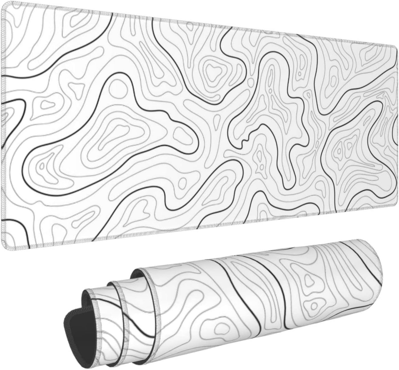 Abstract Topographic Map White Grey Black Gaming Mouse Pad Long Mouse Pad Large Desk Mat 31.5 X 11.8 Inch Mousepad with Non-Slip Base Stitched Edge Keyboard Mat for Gaming Office Light Grey White
