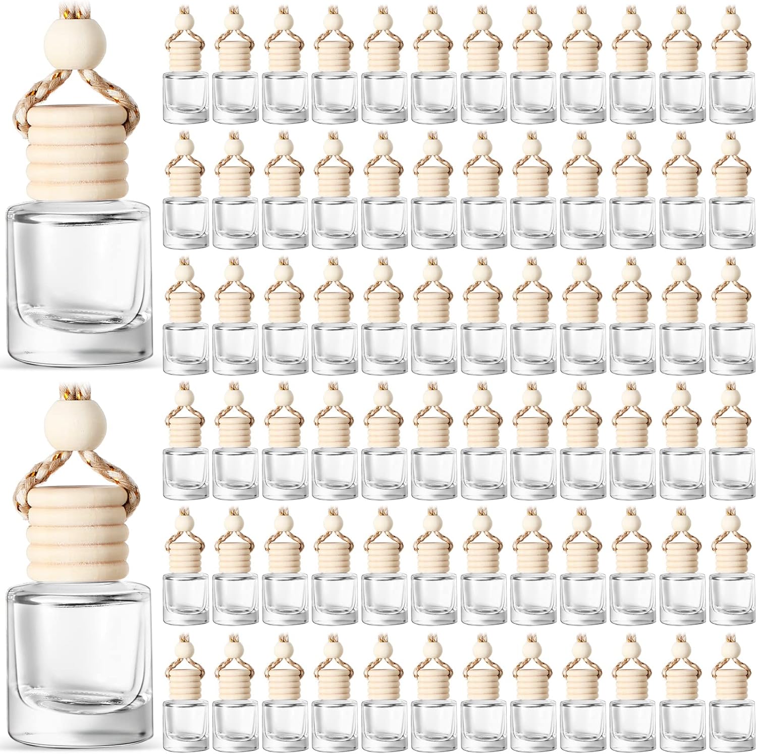 100 Pcs Car Air Fresheners Diffuser with Wooden Empty Aromatherapy Diffuser Clear Fragrance Holder Pendant Hanging Perfume Fresheners Bottles for Car Decor(Clear Classic)