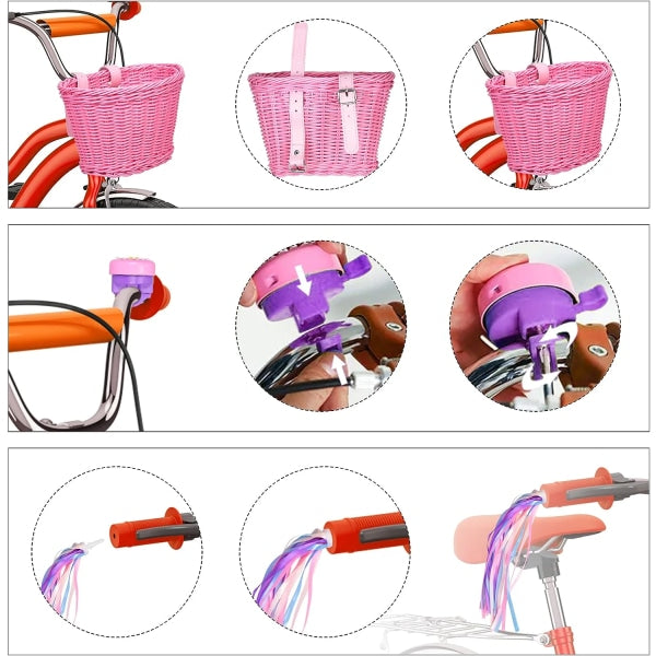 Pink purple children's bicycle basket with adjustable straps at the front