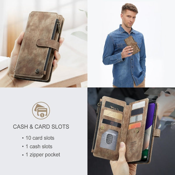 Compatible with Samsung Galaxy A22 5G Case Wallet with Magnetic Flip Zipper and Card Holder - Brown