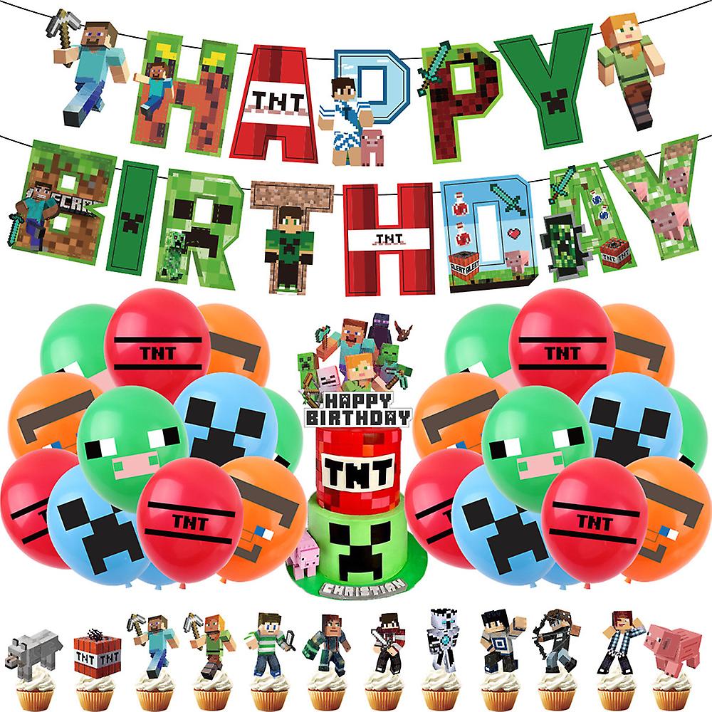 Minecraft themed birthday party balloons banner cake decorations — max