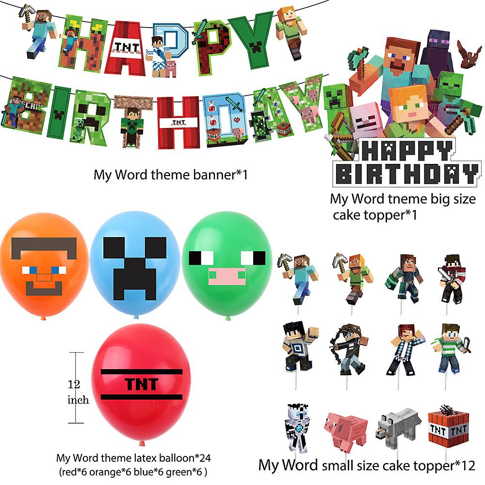 Minecraft themed birthday party balloons banner cake decorations — max