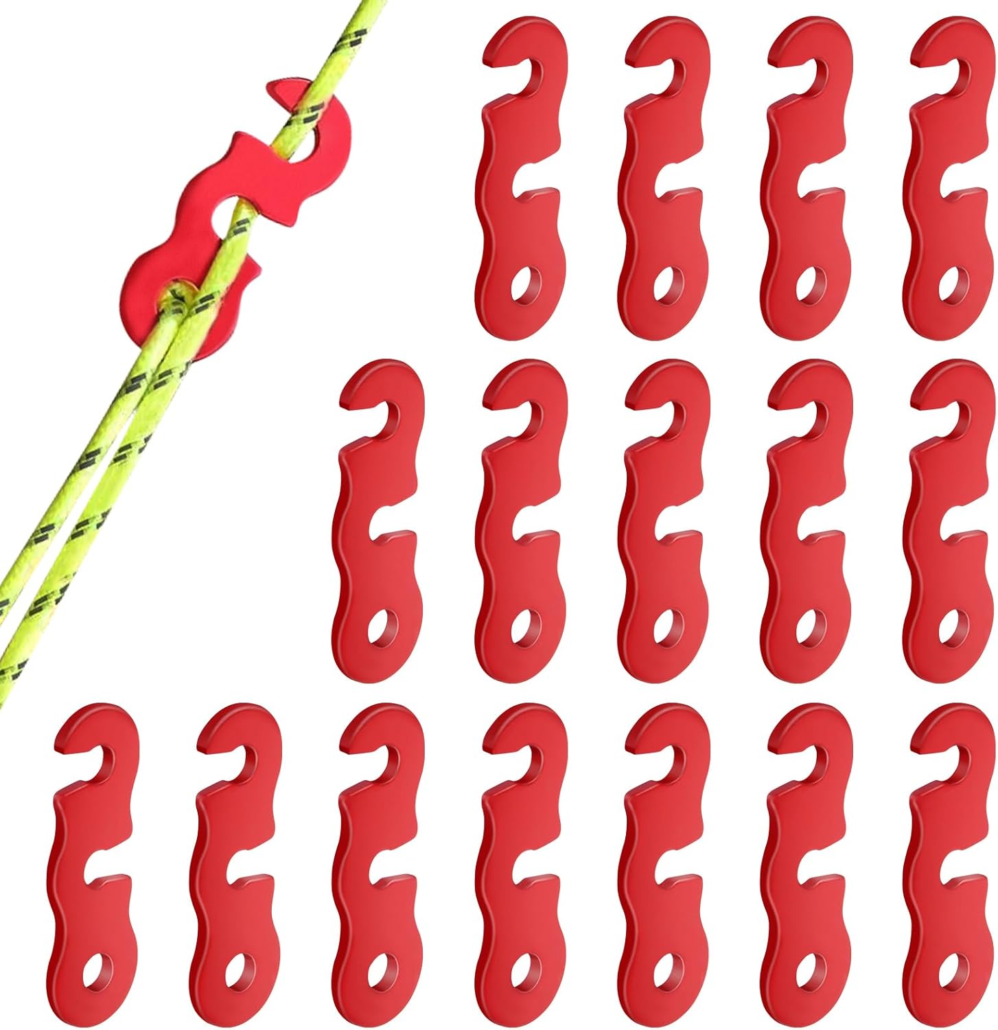 Rope Adjuster, 16pcs Aluminum Rope Tensioner, Tent Wind Rope Buckle, Rope Tensioner for Camping Hiking Backpacking Picnic Outdoor Tent Accessories 16 Pieces - Red Opening