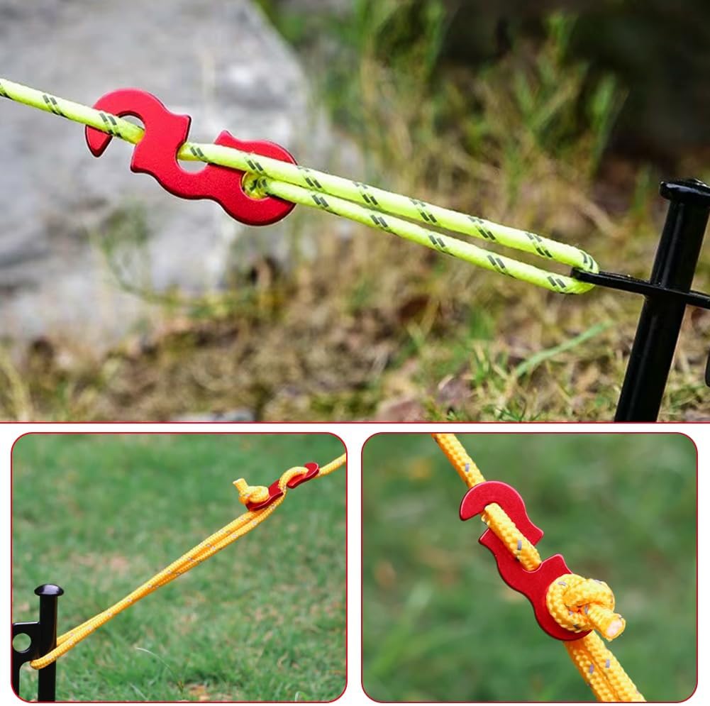 Rope Adjuster, 16pcs Aluminum Rope Tensioner, Tent Wind Rope Buckle, Rope Tensioner for Camping Hiking Backpacking Picnic Outdoor Tent Accessories 16 Pieces - Red Opening