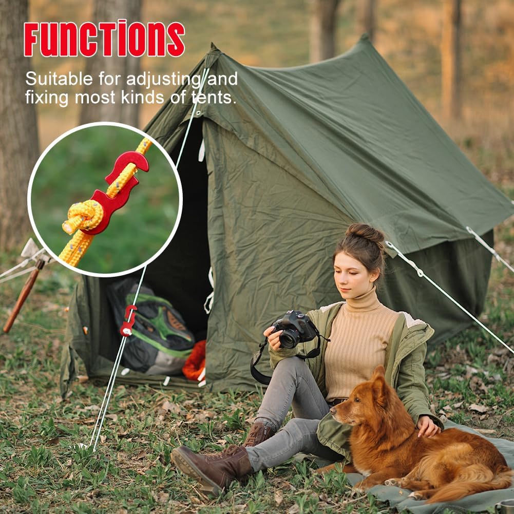 Rope Adjuster, 16pcs Aluminum Rope Tensioner, Tent Wind Rope Buckle, Rope Tensioner for Camping Hiking Backpacking Picnic Outdoor Tent Accessories 16 Pieces - Red Opening