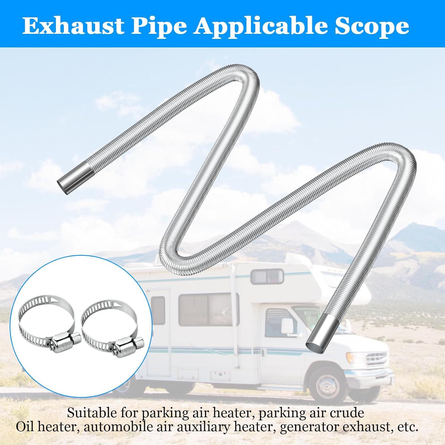 Stainless Steel Air Heater Hose 300cm Ø 2.5cm Exhaust Pipe with 2 Clamps for Parking Heater