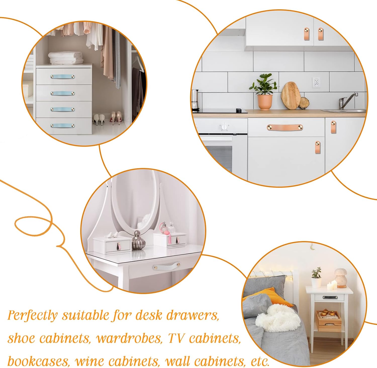 4 pcs Leather Furniture Handles, Cabinet Door Knobs in Leather, Drawer Handles, Vintage Furniture Handles for Cabinets, Dressers, Kitchens - Light Coffee, 128 mm