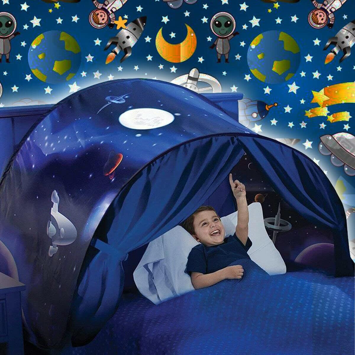 Bed Tent for Kids, Space Tent for Boys, Pop Up Play Tent