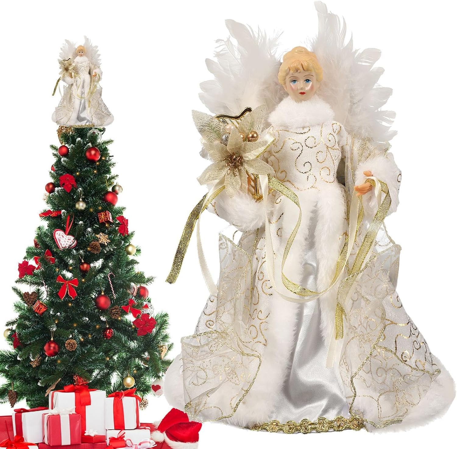 Christmas Tree Angel Tops with White Feather Wings Decorative Ornaments for Holiday Decor
