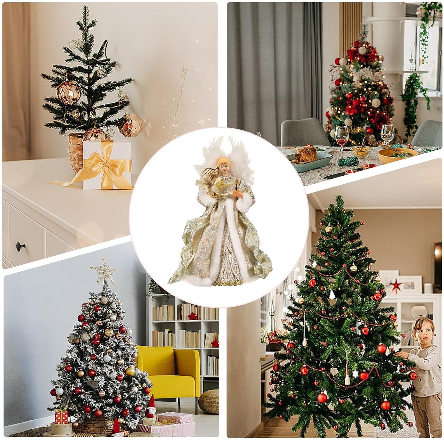 Christmas Tree Angel Topper with White Feather Wings Decorative Ornament