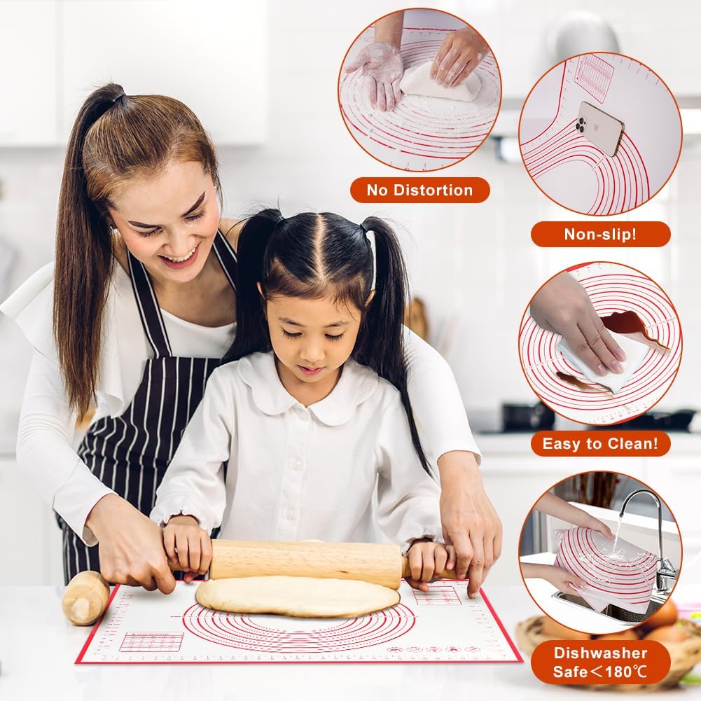 Non-stick rolling pin, 70×50cm silicone rolling pin, non-slip silicone baking mat, food plate, cake mat, cake mat, cake/pizza mat 70*50CM - red