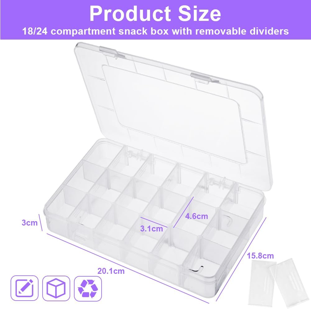 18-Compartment Snack Box, 2 Pieces Snack Plates with Lids for Candy, Nuts, Snacks, Adjustable Plastic Storage Box for Jewelry, Transparent Sorting Boxes 18 compartments-2 pieces