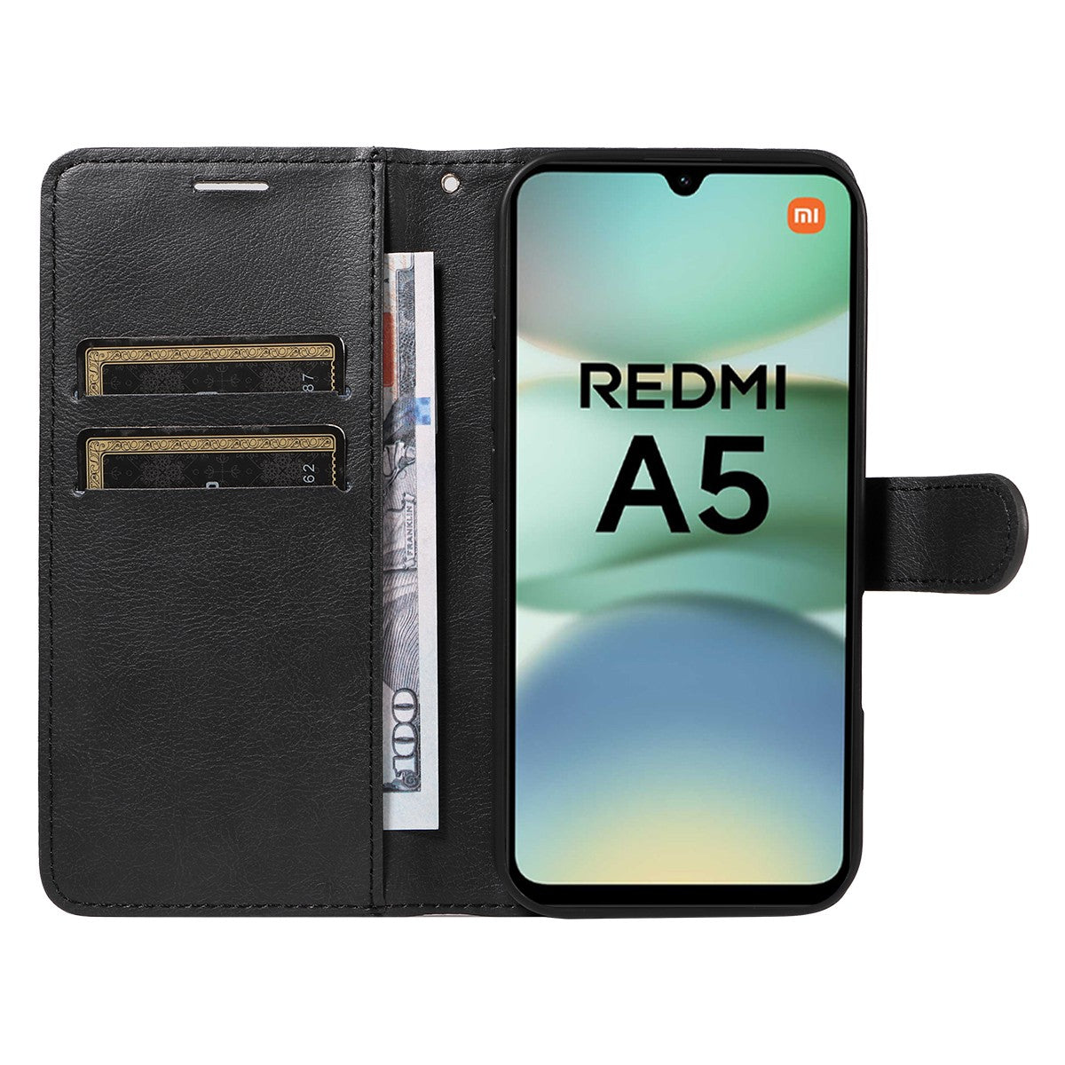 Xiaomi Redmi A5 4G Leather Wallet Case with Card Slots, PU Leather Cover, MGF Black Color, Compatible with Xiaomi