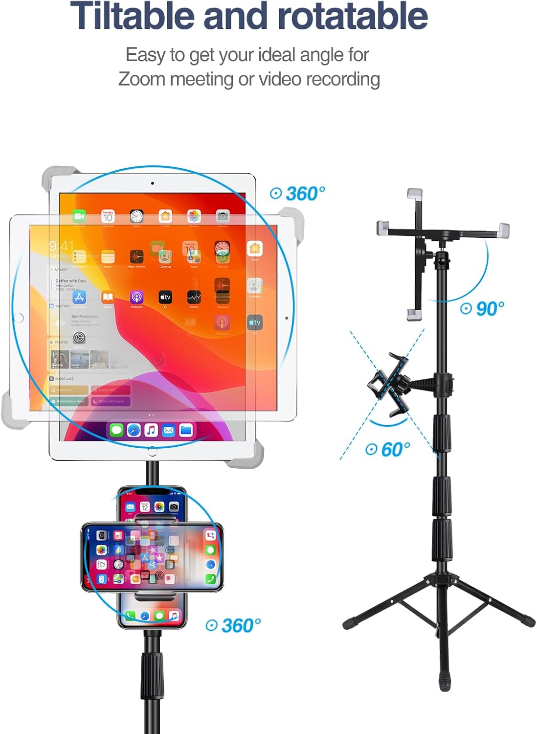 Height Adjustable 360° Rotating iPad Floor Stand Holder Mount