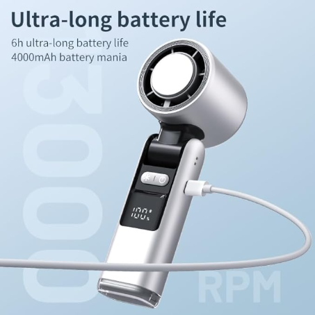 Portable Fan Handheld Mini Turbo Fan Battery , High Speed Powerful Ice Cooling 5 Speed Adjustable Rechargeable Personal Fans for Beach Camping Travel Working (White)