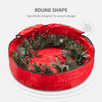 Christmas Wreath Storage Container 24 Inch - Wreath Bag for Artificial Wreaths Box - Dual Zippered Wreaths Storage Bag with Strong Durable Handles - Red