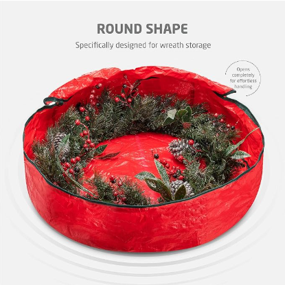 Christmas Wreath Storage Container 36 Inch - Wreath Bag for Artificial Wreaths Box - Dual Zippered Wreaths Storage Bag with Strong Durable Handles - Red