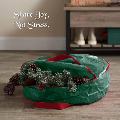 Christmas Wreath Storage Container 36 Inch - Wreath Bag for Artificial Wreaths Box - Dual Zippered Wreaths Storage Bag with Strong Durable Handles - Green