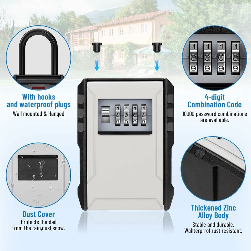 Waterproof Outdoor Security Key Box Key Box With Hook Large Key Box For Keys, Cards Home Schools Offices Garages,Grey