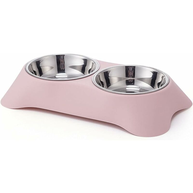 Double Dog Bowl, Non-Slip Stainless Steel Double Bowl With Spill Proof For Small Dogs And Cats (S, Pink)